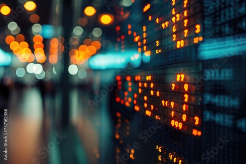 This photo captures the vibrancy and fast pace of a city street at night with its blurred lights and bustling activity, A digital display of a Forex exchange board, AI Generated