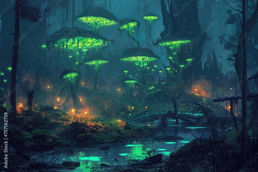 Explore the mesmerizing sight of a lush forest teeming with a profusion of green mushrooms, A dimly lit swamp with glow-in-the-dark mushrooms and mysterious creatures, AI Generated Explore the mesmerizing sight of a lush forest teeming with a profusion of green mushrooms, A dimly lit swamp with glow-in-the-dark mushrooms and mysterious creatures, AI Generated
