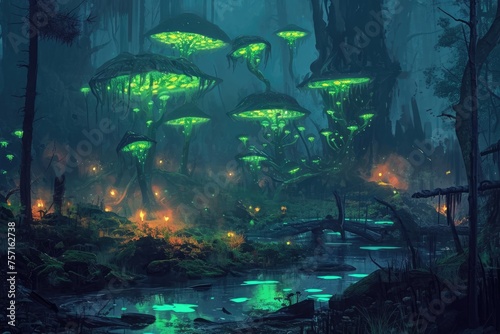 Explore the mesmerizing sight of a lush forest teeming with a profusion of green mushrooms, A dimly lit swamp with glow-in-the-dark mushrooms and mysterious creatures, AI Generated © Iftikhar alam