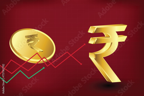 Golden Rupee Currency symbol with India map. golden Indian rupee and 3d india map.