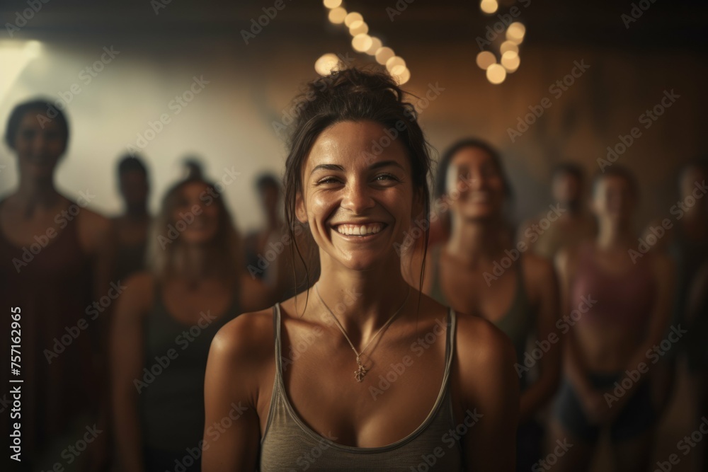 a woman smiles in front of many people in a yoga class