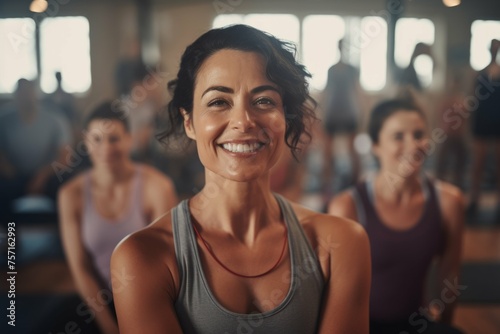 female fitness teacher smiling in yoga classroom