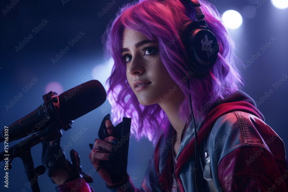 female gaming character posing with a microphone while the screen is in purple