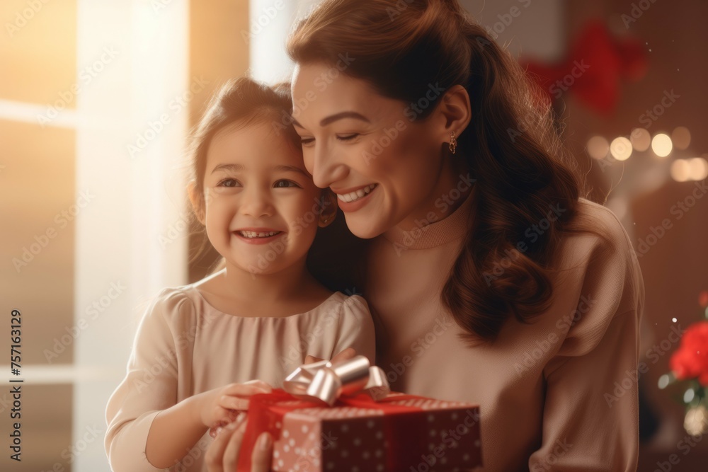 woman hugging daughter and giving gift to her daughter woman hugging daughter and giving gift to her daughter