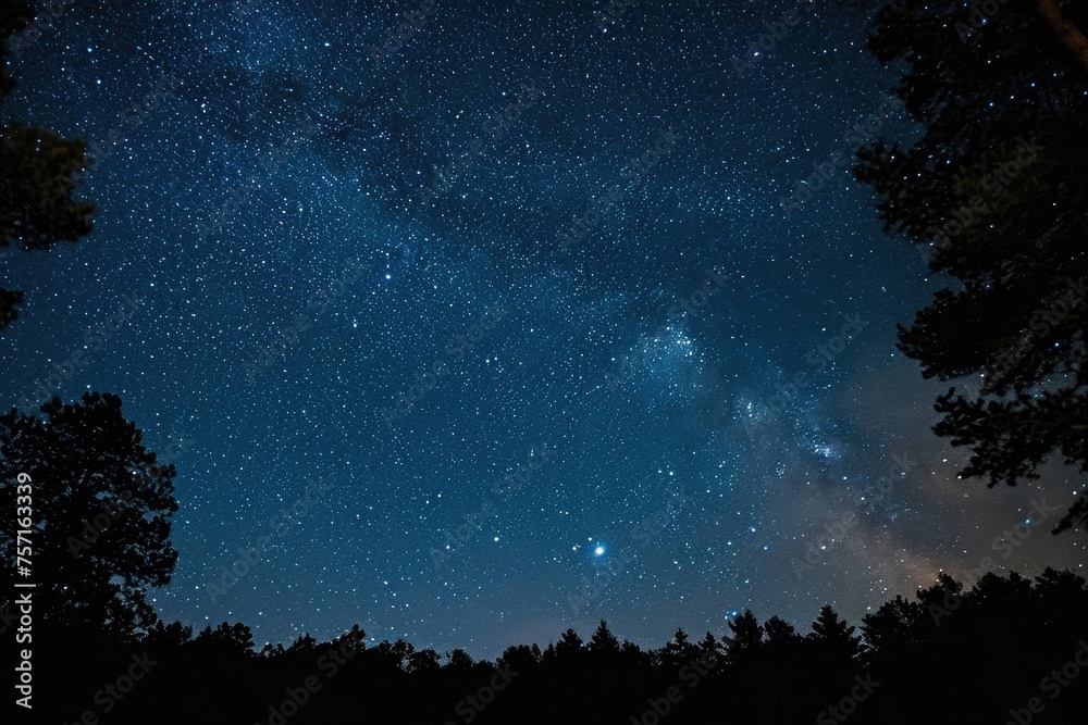 An awe-inspiring view of a peaceful night sky filled with sparkling stars, framed by trees standing tall in the foreground, A dreamy star-filled sky after a hot summer day, AI Generated