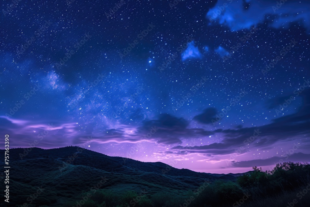 A breathtaking view of the night sky, showcasing a myriad of stars and wispy clouds, casting a dreamlike atmosphere over the land, A dreamy star-filled sky after a hot summer day, AI Generated