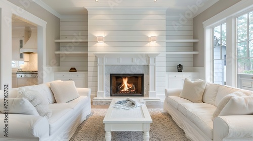 Wooden live edge accent coffee table between white sofas by fireplace in stone cladding wall. Minimalist style home interior design of modern luxurious living room in villa.