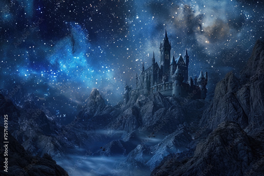 A breathtaking castle nestled in the heart of towering mountains, illuminated by the mesmerizing night sky, A fairy tale castle surrounded by mountains and sky full of stars, AI Generated