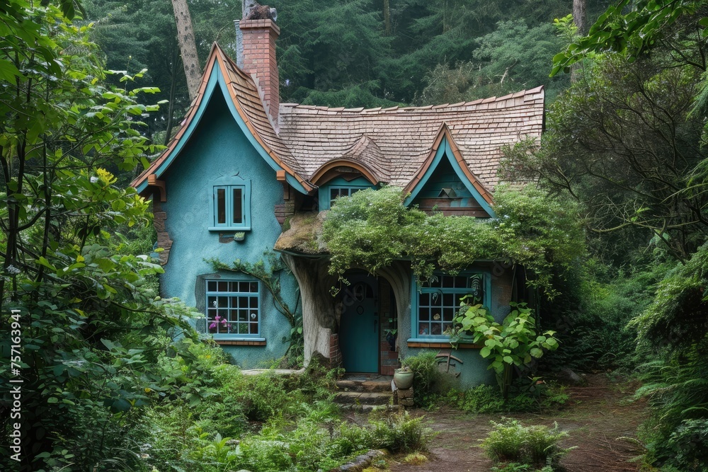 A picturesque blue house with a brown roof nestled in a serene natural setting surrounded by lush trees, A fairy-tale cottage nestled in a mint forest, AI Generated