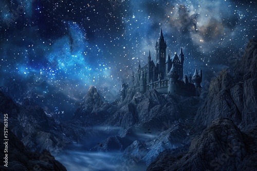 A breathtaking castle nestled in the heart of towering mountains, illuminated by the mesmerizing night sky, A fairy tale castle surrounded by mountains and sky full of stars, AI Generated