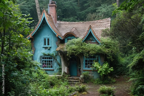 A picturesque blue house with a brown roof nestled in a serene natural setting surrounded by lush trees, A fairy-tale cottage nestled in a mint forest, AI Generated