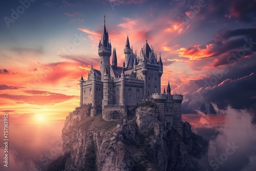 A majestic castle sits atop a rugged mountain, surrounded by a gloomy cloudy sky, A fairy tale-like castle against a sunset sky on a summer evening, AI Generated