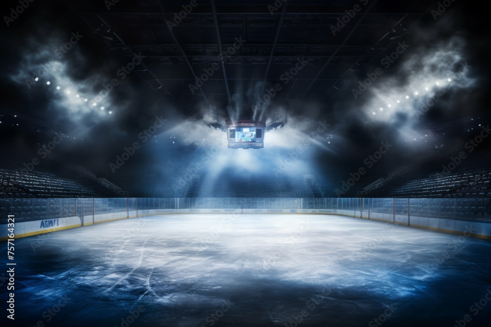 a hockey arena with lights and smoke on it