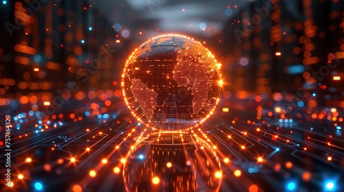 A neon globe surrounded by digital data streams and artificial intelligence algorithms.