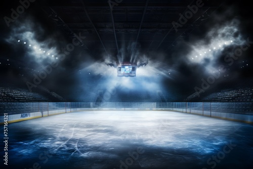 a hockey arena with lights and smoke on it