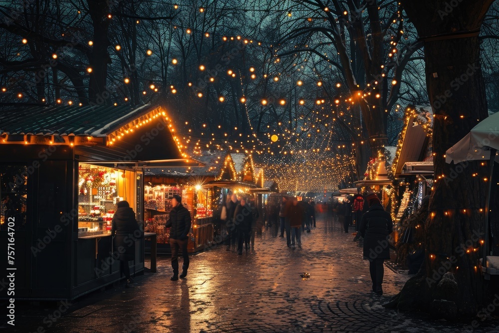 Group of People Walking Down a Street Covered in Christmas Lights, A festive Christmas market illuminated with fairy lights, AI Generated