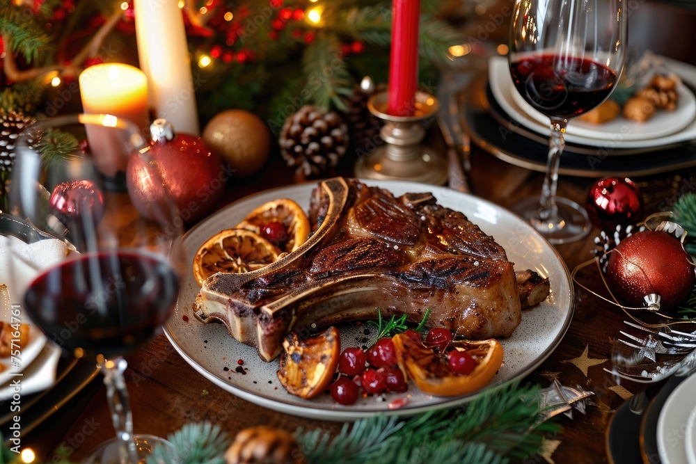 A festive holiday table adorned with a delicious roast beef centerpiece and vibrant orange slices, A festive holiday table featuring a beautifully seared T-bone steak as the centerpiece, AI Generated