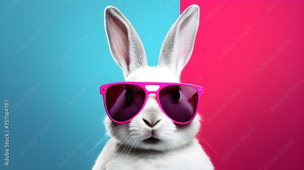 Fototapeta premium Cool bunny sunglasses looking with colorful summer background.Generative Ai Pro Photo 
