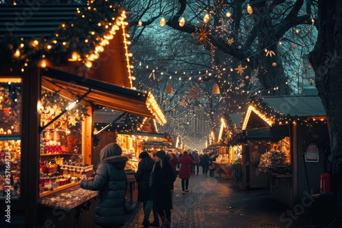 A group of people joyfully strolling down a beautifully decorated street filled with shimmering Christmas lights, A festive Christmas market illuminated with fairy lights, AI Generated © Iftikhar alam