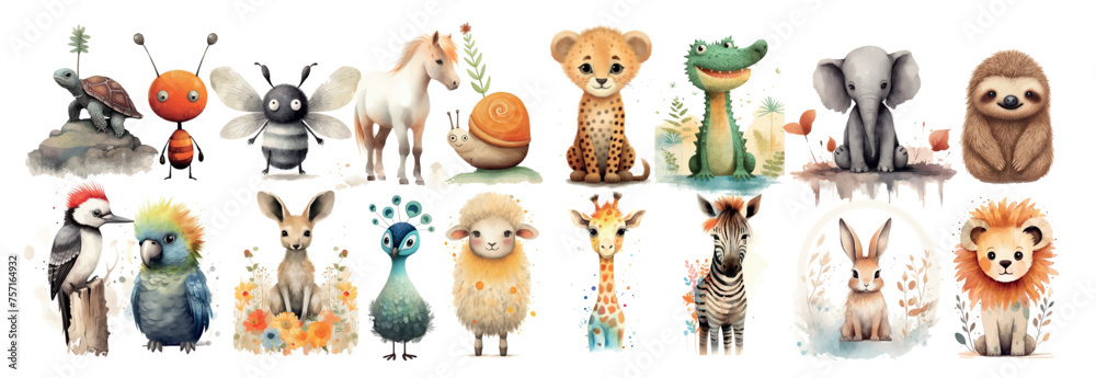 Fototapeta premium Whimsical Collection of Illustrated Animals: From a Colorful Parrot to a Cute Lion Cub