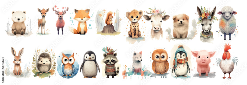 Naklejka premium Adorable Collection of Watercolor Animals: Bears, Deer, Foxes, and More in a Whimsical