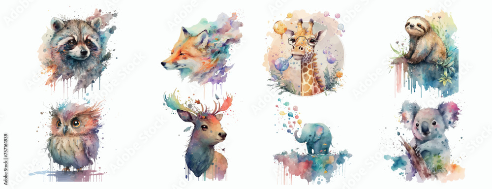 Fototapeta premium Watercolor Wildlife Collection: Artistic Portraits of Raccoon, Fox, Owl, Deer, Elephant, Koala, Giraffe and Sloth in Vibrant