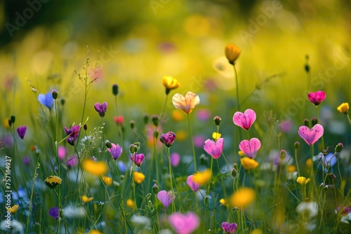 A breathtaking view of a field filled with an array of vibrant flowers, illuminated by the midday sun, A field of wildflowers shaped like hearts, AI Generated © Iftikhar alam