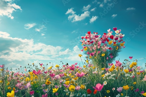 A vibrant field full of colorful flowers stretching to the horizon under a clear blue sky, A field of wildflowers shaped like hearts, AI Generated