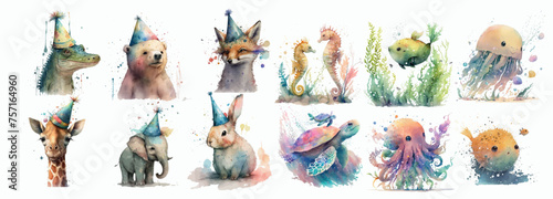 Whimsical Watercolor Collection of Animals and Sea Creatures Wearing Party Hats, Celebrating with Joy