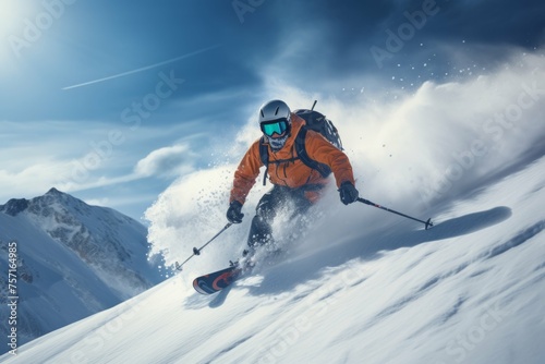 Skier racing down a snowy slope with a mountain landscape. © Michael Böhm