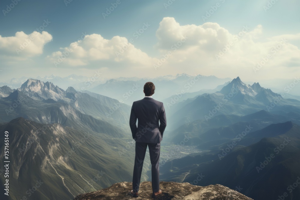 Businessman standing on top of mountain and looking at view. Businessman standing on top of mountain and looking at view.