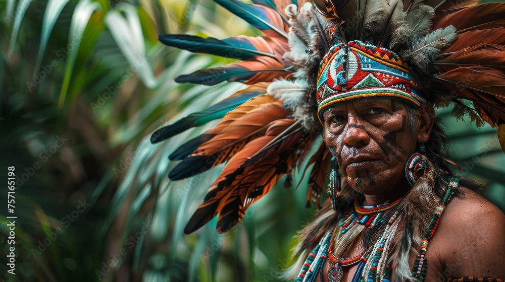 A native American man proudly wears a traditional headdress adorned with colorful feathers