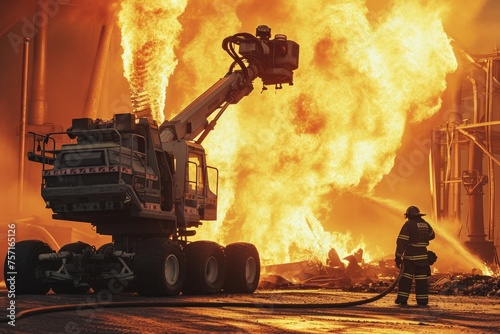 A fire truck is seen in the foreground, as flames from a huge fire engulf the background, A firefighting robot extinguishing a massive blaze, AI Generated