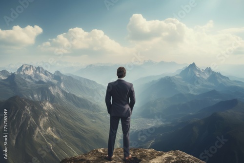 Businessman standing on top of mountain and looking at view.