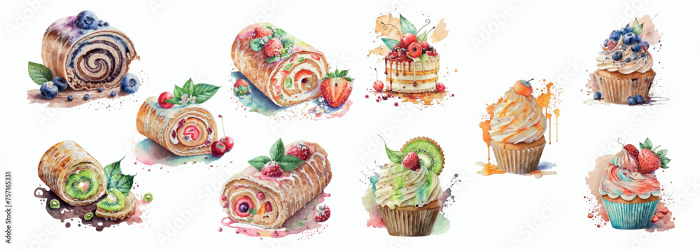 Delicious Assortment of Watercolor Desserts: Cupcakes, Rolls, and Cakes Adorned with Fresh Fruits and Berries, Perfect for Menu or Recipe