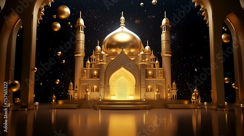 3d illustration of Ramadan Kareem's background with a golden mosque and moon