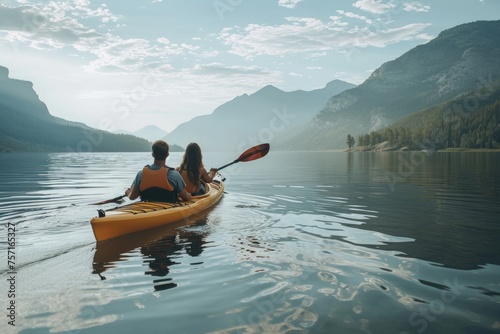 A man and a woman enjoying a peaceful kayak adventure together on a serene lake, A fit couple enjoying a serene kayak adventure on a calm lake, AI Generated