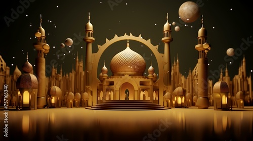3d illustration of Ramadan Kareem's background with a golden mosque and moon