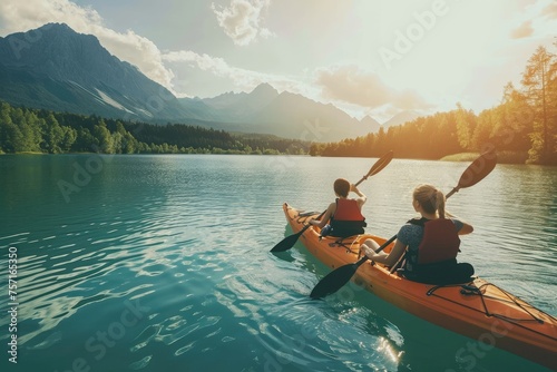 A photo of two individuals paddling in a kayak on a serene lake, A fit couple enjoying a serene kayak adventure on a calm lake, AI Generated