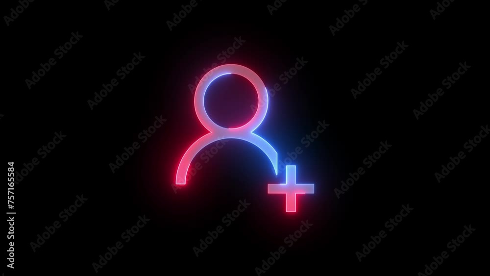 Neon add friend icon blue red color glowing animation black background Neon add friend icon blue red color glowing animation black background