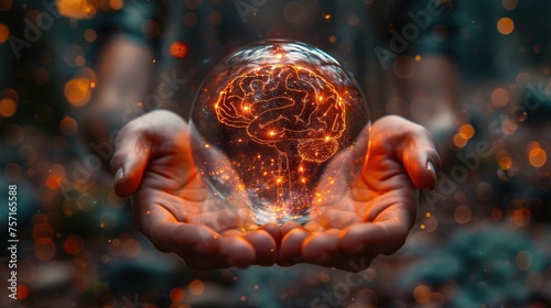 Hands holding abstract brain in a glass circle. Hands holding abstract brain system. © Danyilo