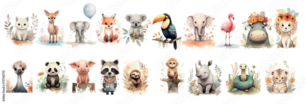 Fototapeta premium Adorable Collection of Watercolor Animals: From Forest, Farm to Jungle - Perfect for Nursery Decor, Children’s Books
