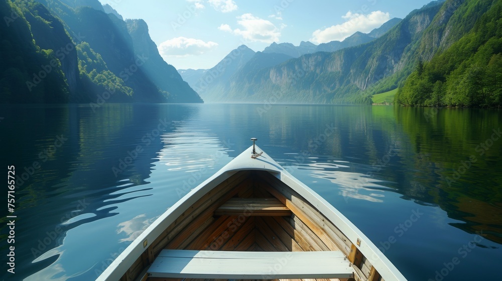 Enjoy in river under mountain, view from the bow of a small white wooden boat to the calm lake and mountain landscape - obrazy, fototapety, plakaty 