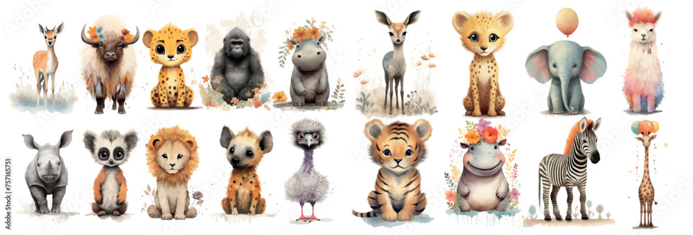 Obraz premium Adorable Collection of Watercolor Baby Animals with Floral Elements, Perfect for Nursery Decor and Children’s