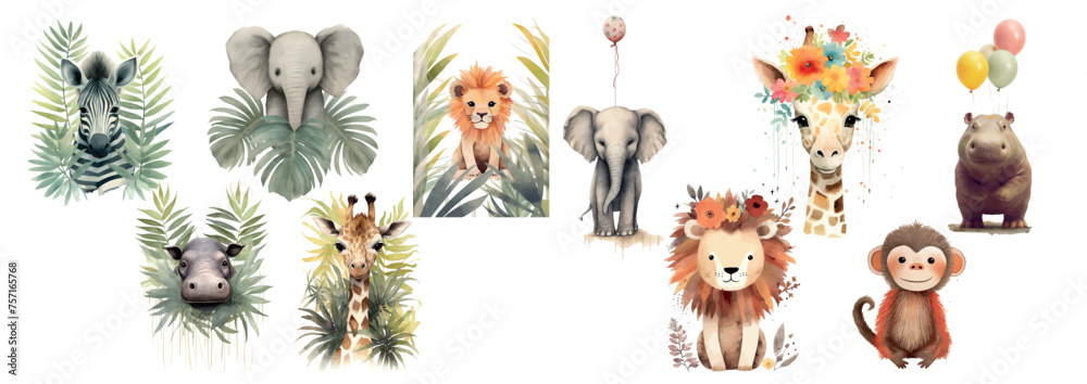 Naklejka premium Adorable Collection of Watercolor Baby Animals with Floral Elements, Perfect for Nursery Decor and Children’s