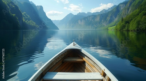 Enjoy in river under mountain, view from the bow of a small white wooden boat to the calm lake and mountain landscape