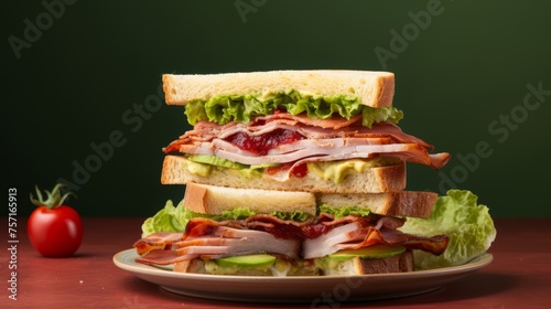 A bacon, lettuce, and tomato sandwich sits appetizingly on a pristine white plate