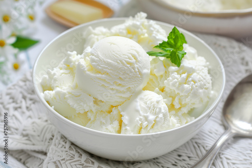 Fresh Vanilla Ice Cream Scoop in White Bowl