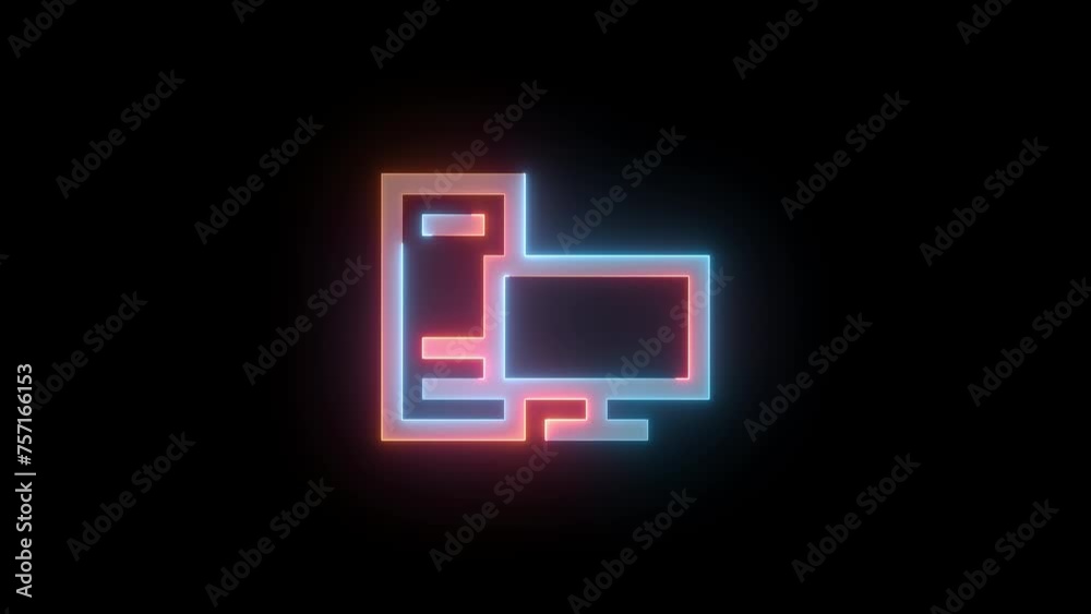 Neon desktop pc icon brown cyan color glowing animation black background Neon desktop pc icon brown cyan color glowing animation black background