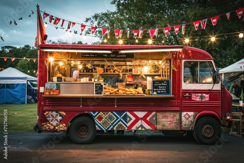 A food truck parked in front of a tent, ready to serve delicious meals and snacks, A food truck decorated in classic British style, selling fish and chips, AI Generated